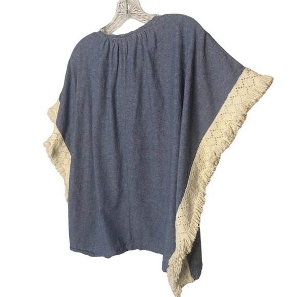 Original SOUVENIR EDITION by STACI WOO blue ivory fringe Bohemian Cotton Top S - Picture 4 of 10